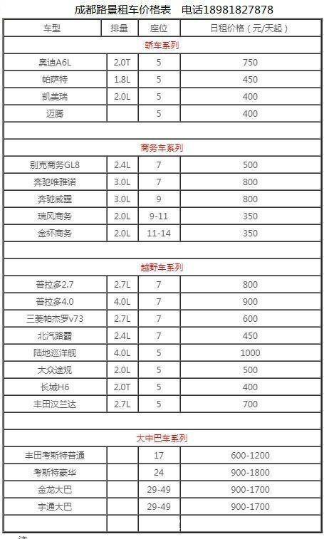 成都租车价格表